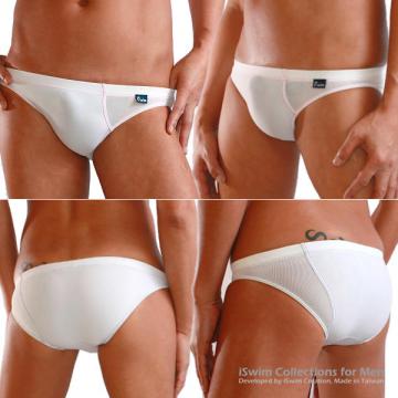 Sports swim briefs with irregular side in mesh, white color - 6 (thumb)